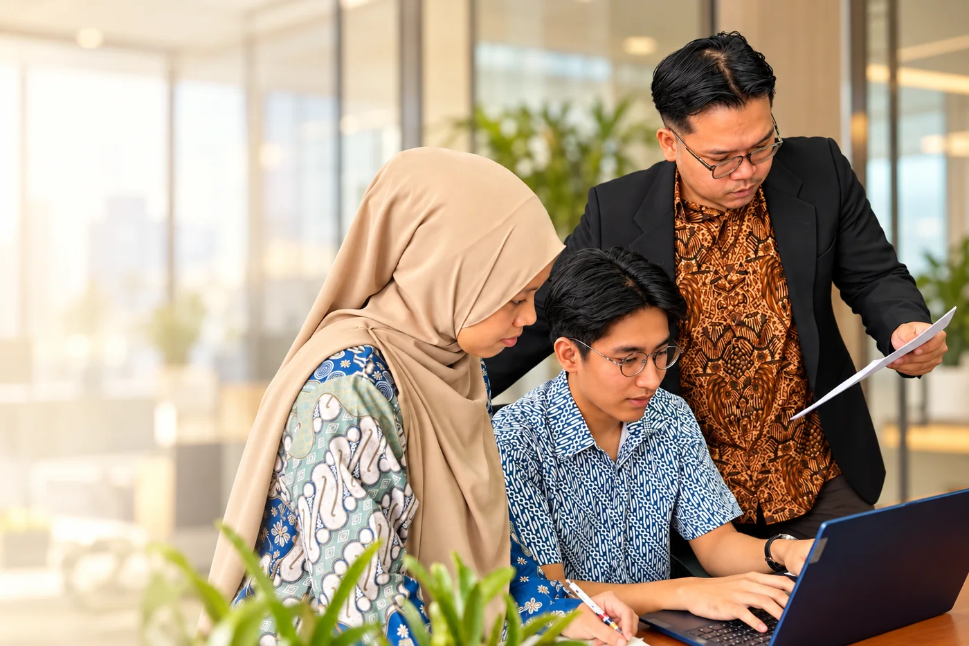 Team members reviewing documents together at a laptop