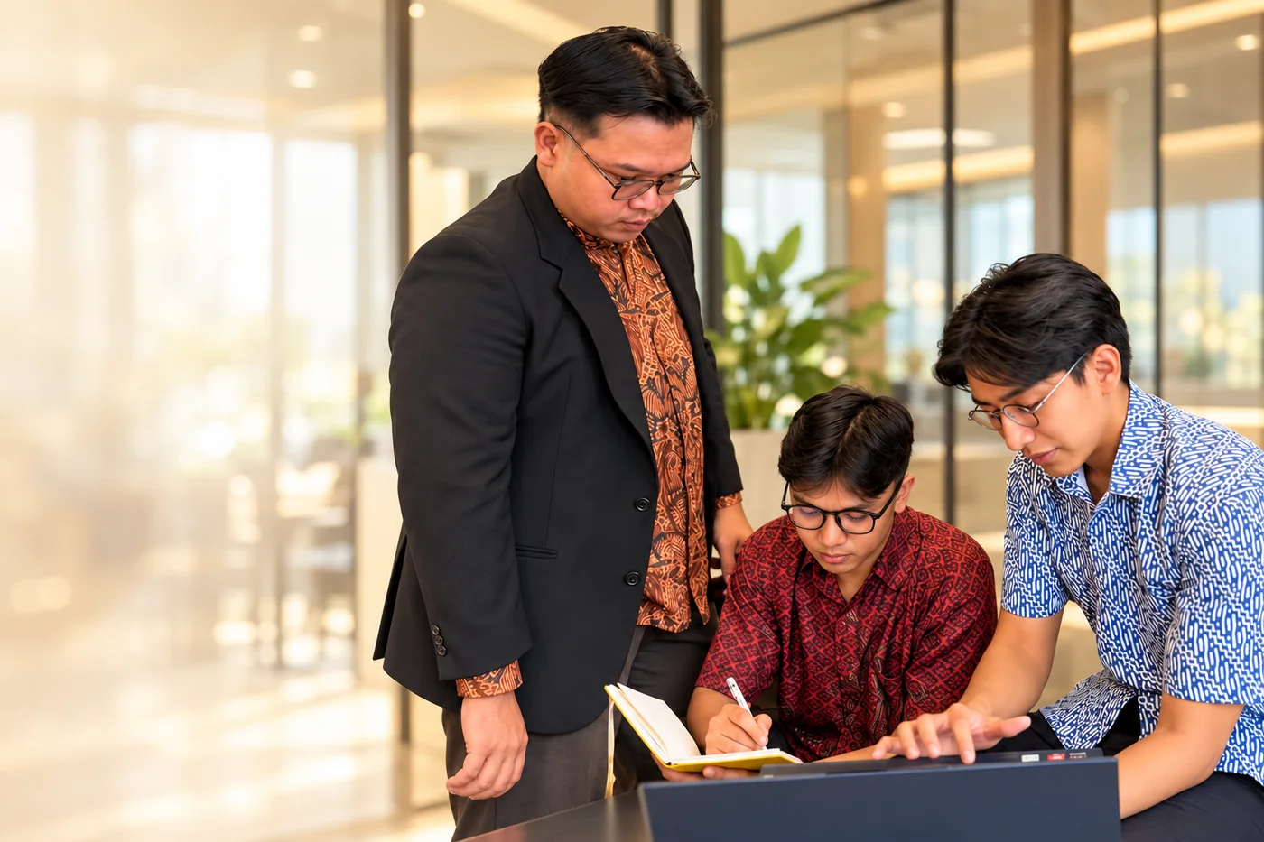 Team members working together with a laptop and notebook