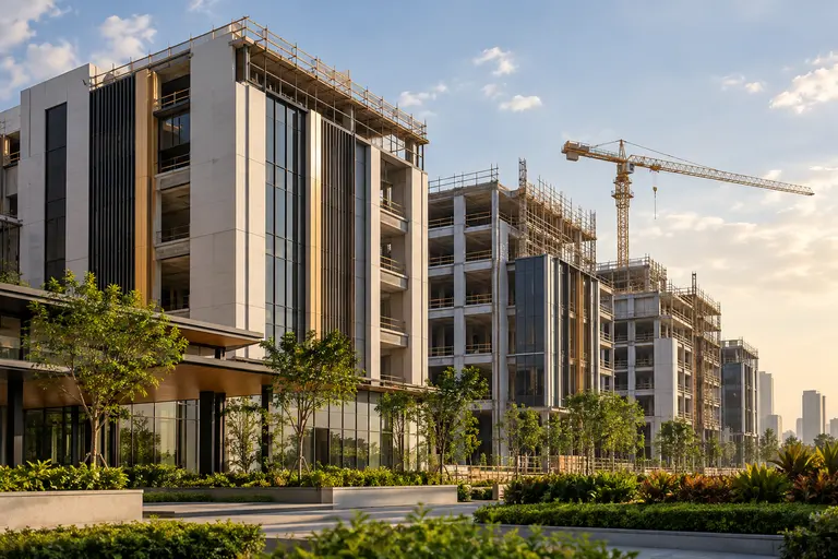 Illustrative commercial property development with buildings and a construction crane