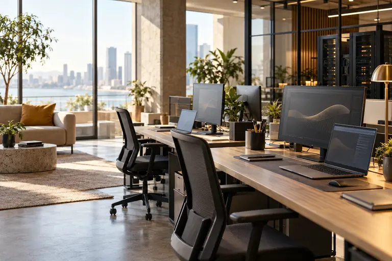Illustrative technology workspace with computers and server equipment