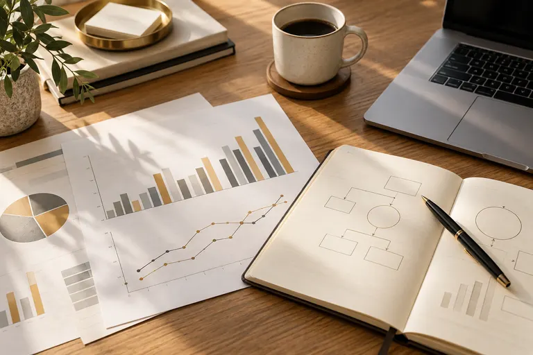 Illustrative business planning with financial charts and a strategy notebook