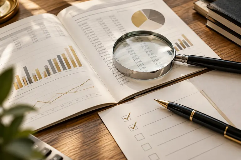 Illustrative financial report review with a magnifying glass and checklist