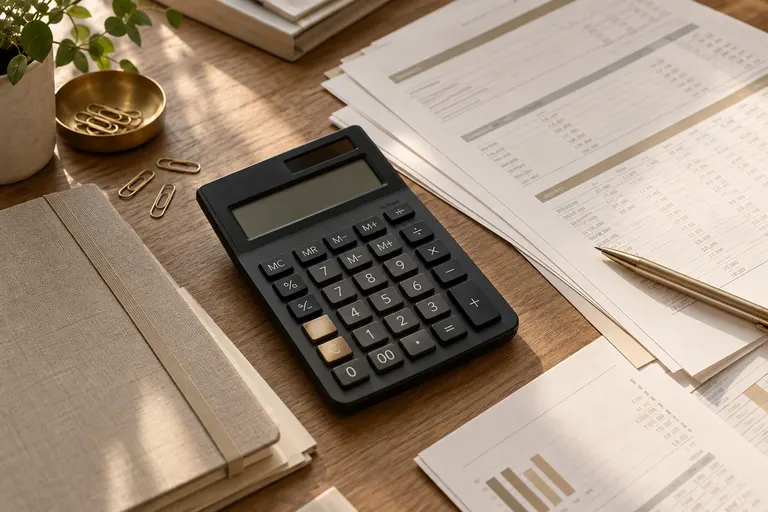 Illustrative calculator and organised financial worksheets for tax computation
